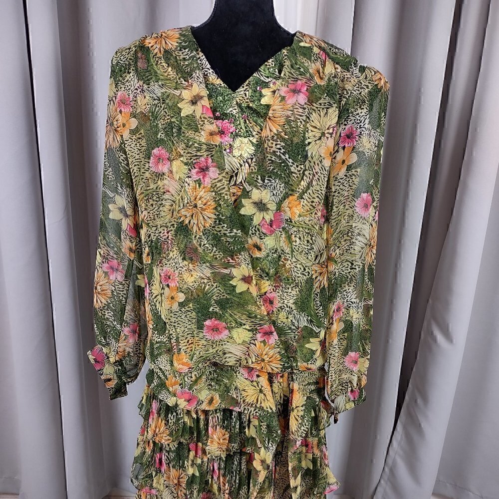 Jo Hanna York by Joan Davis Green Floral Print Skirt & Top 2Pc Set. Size 16